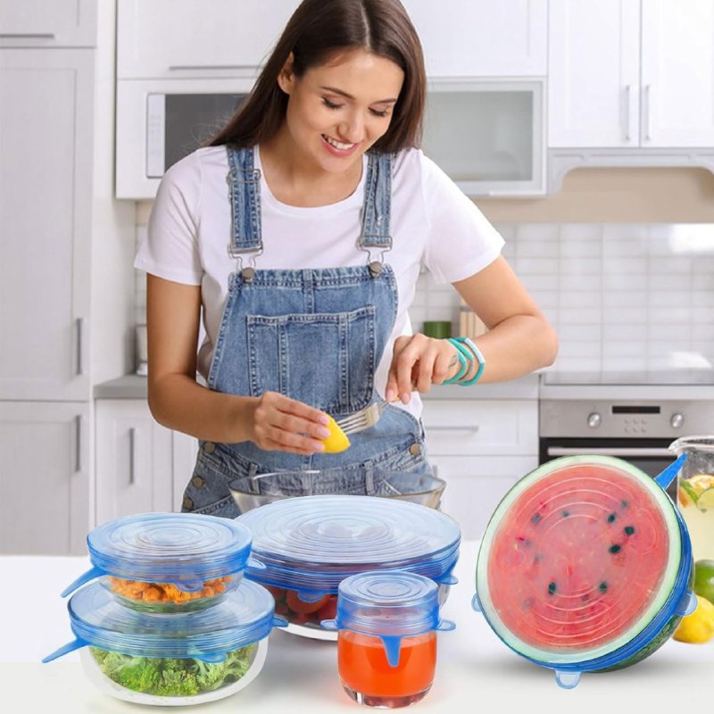 TAPADERAS DE SILICONA EN SET DE 6 PIEZAS REUTILIZABLES, SE ADAPTAN A CUALQUIER RECIPIENTE Y LO SELLAN PERFECTAMENTE 4 COLORES