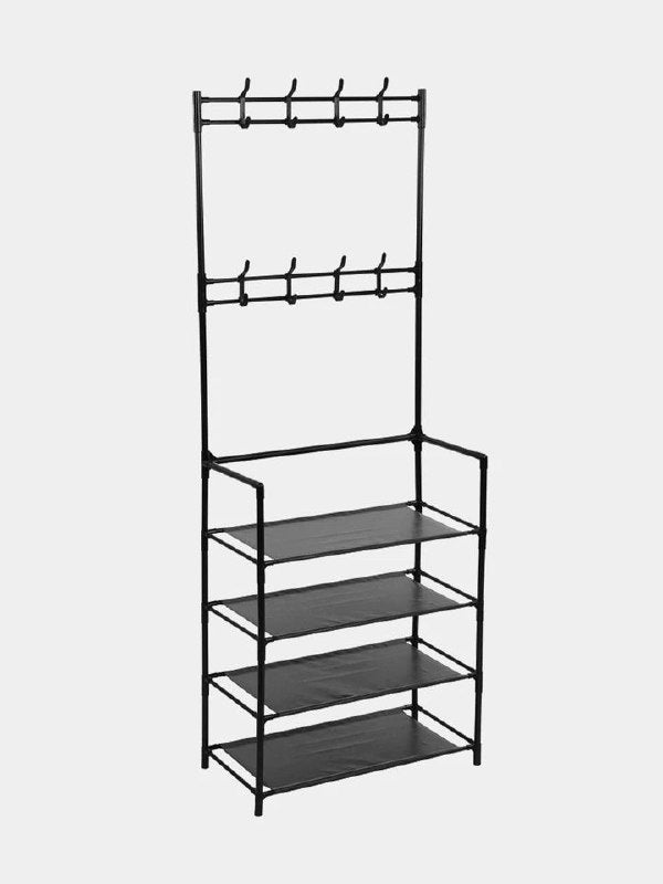 ESTANTE ORGANIZADOR DE METAL DE 4 NIVELES CON 8 GANCHOS PARA COLGAR ROPA, ETC COLOR NEGRO 60CM DE ANCHO