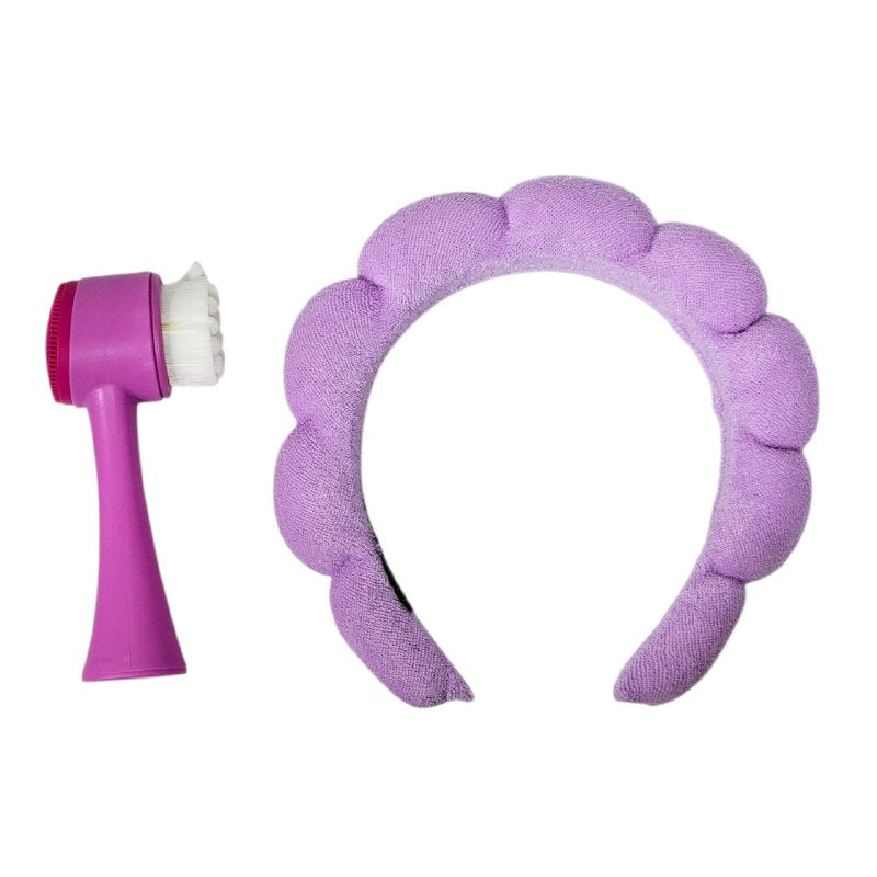 KIT DE CUIDADO FACIAL, BANDA PARA EL PELO Y CEPILLO FACIAL DOBLE ACCION RUBYFACE, 3 COLORES