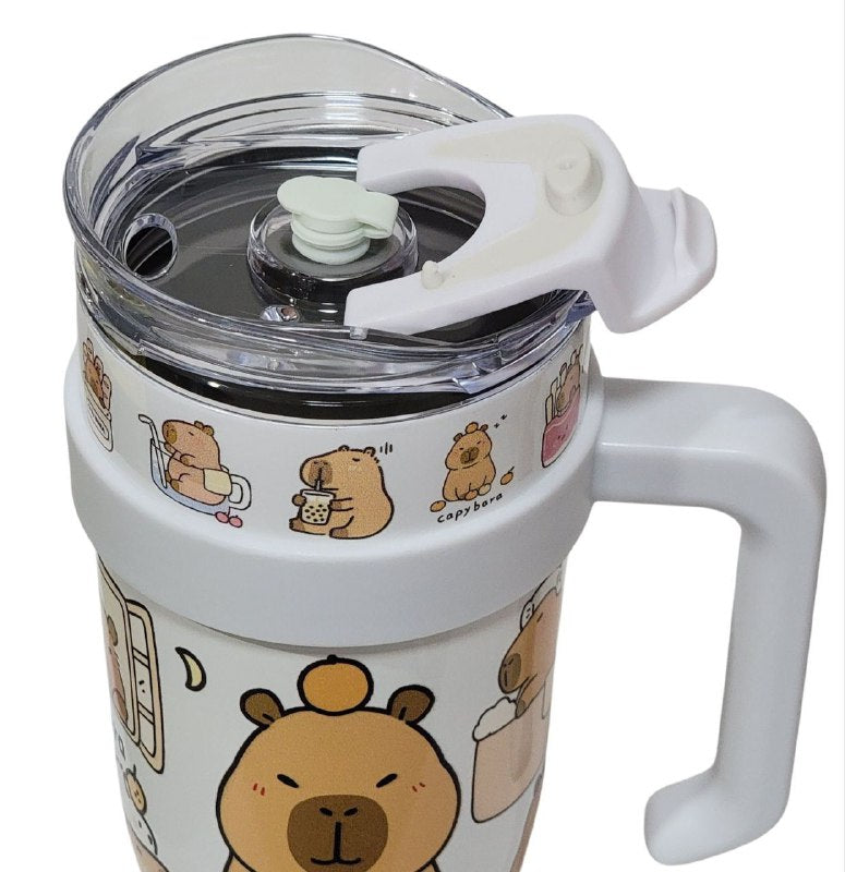 VASO TERMO DE ACERO INOXIDABLE CON ASA DISEÑO DE CAPIBARA,CAPYBARA CON SORBETE Y MUCHO ESTILO 1200ML