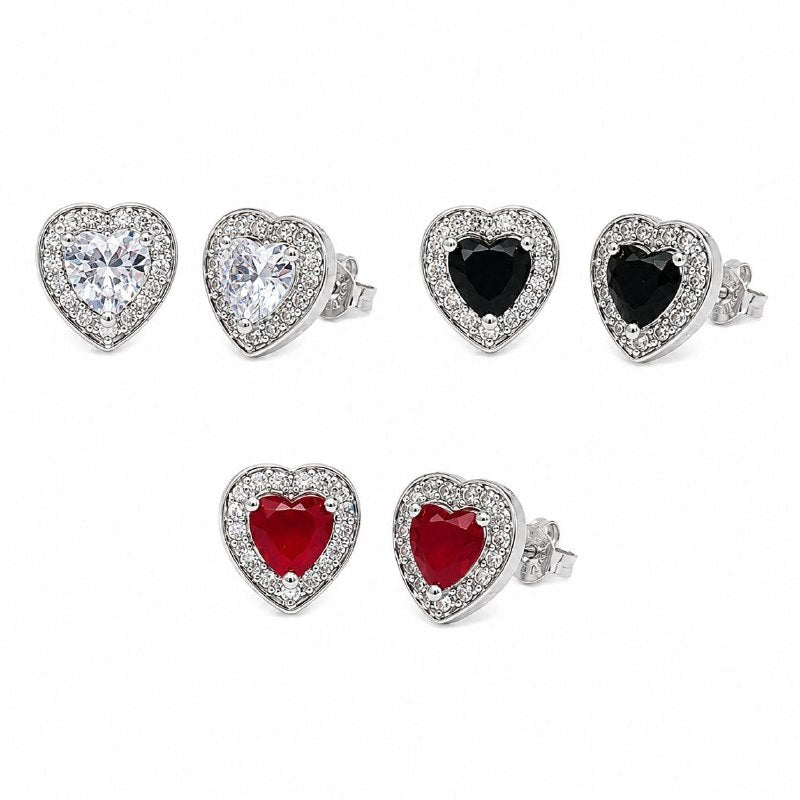 ARITOS DE ENCHAPE PARA DAMA CON DISEÑO CORAZONES BLANCO, ROJO Y NEGRO  2CM