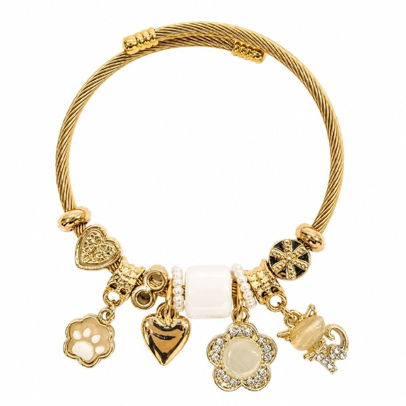 PULSERA DE ENCHAPE PARA DAMA CON DISEÑO DE HUELLA, CORAZON, FLOR Y GATO  6CM