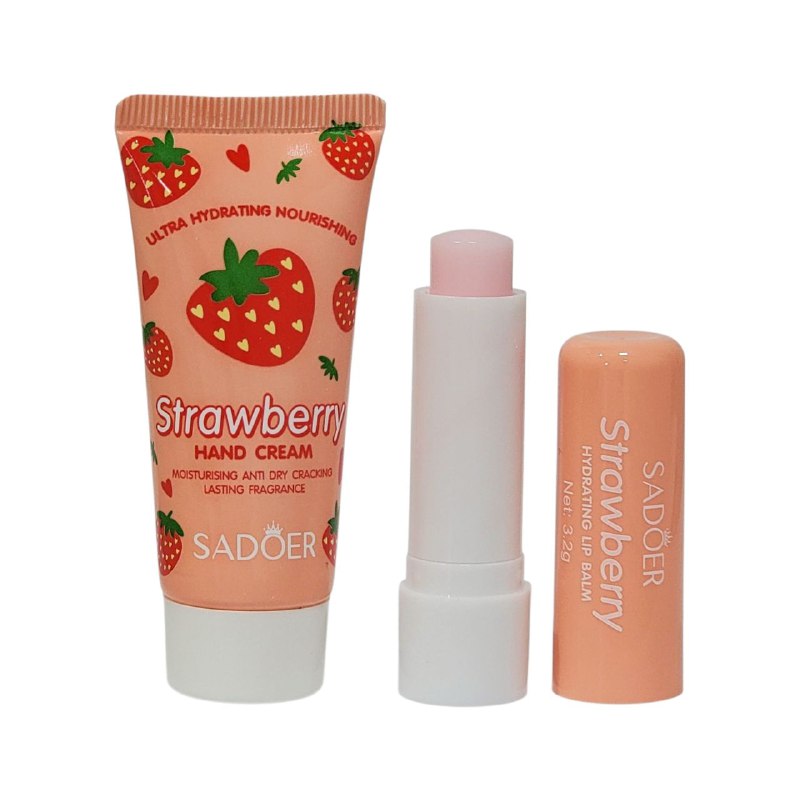 SET DE CUIDADO PERSONAL CREMA DE MANOS Y BALSAMO LABIAL CON FRAGANCIA A FRESA 2PCS SADOER
