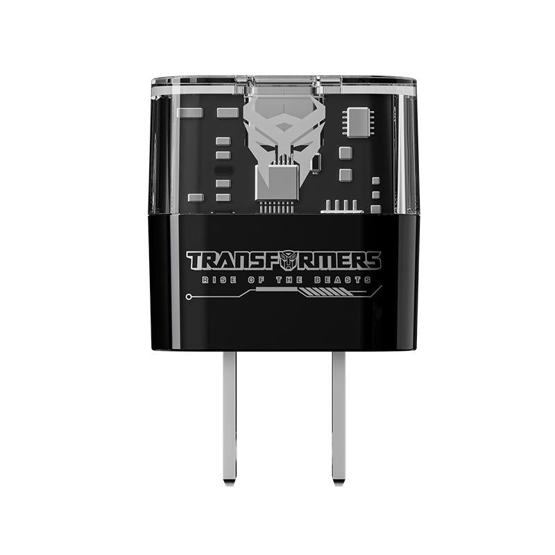 CARGADOR RAPIDO, CUBO DE CARGA RAPIDA DE 20W, SOBLE PUERTO USBC Y USB A, TRANSPARENTE, CHIP INTELIGENTE, NO INCLUYE CABLE, TRANSFORMERS RISE OF THE BEASTS EXPLORE
