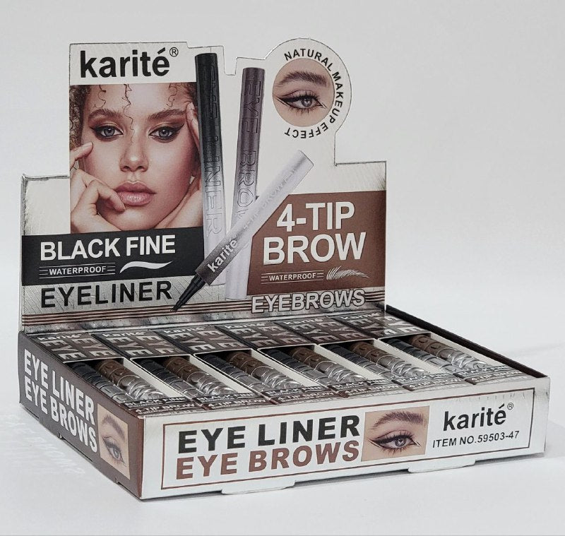 DELINEADOR DE OJOS FINO COLOR NEGRO, RESISTENTE AL AGUA Y LAPIZ DE CEJAS DE 4 PUNTAS COLOR CAFE, RESISTENTE AL AGUA KARITE 1G+1G
