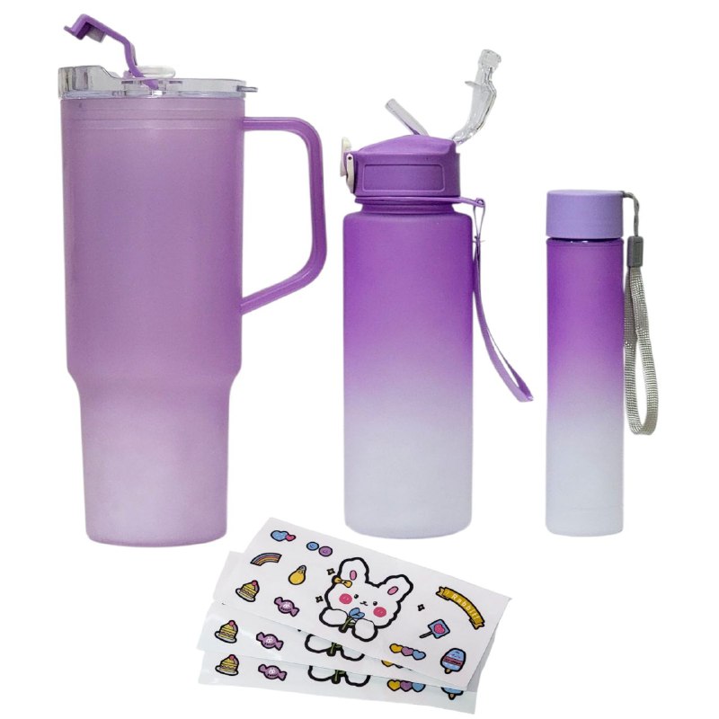 VASO TERMO PLASTICO CON ASA EN SET, 2 BOTES TERMOS MEDIANO Y PEQUEÑO, INCLUYE STICKERS, 3 COLORES