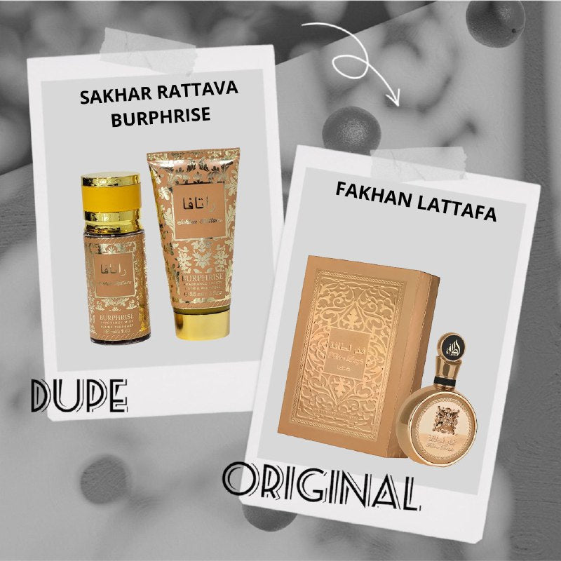SET SAKHAR RATTAVE BURPHRISE SPLASH 88ML, BODY LOTION 88ML (M) (AROMA SIMILAR LATTAFA FAKHAR GOLD)