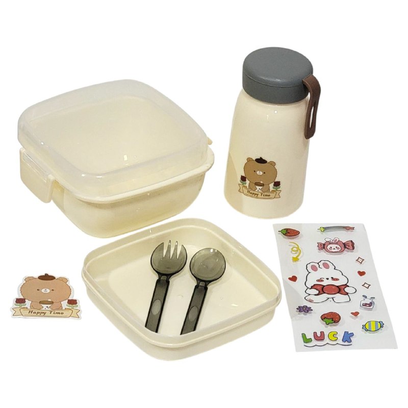 LONCHERA EN KIT CON CUBIERTOS, BOTE Y STICKERS VARIOS ESTILOS
