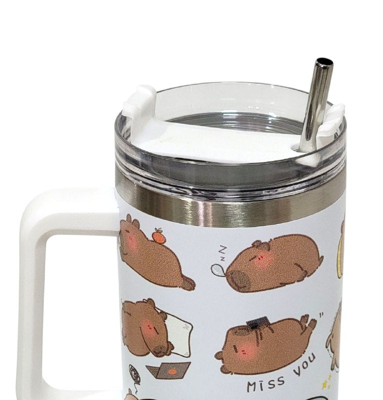 TERMO DE ACERO INOXIDABLE CON ASA DISEÑO DE CAPIBARA CON SORBETE 1200ML