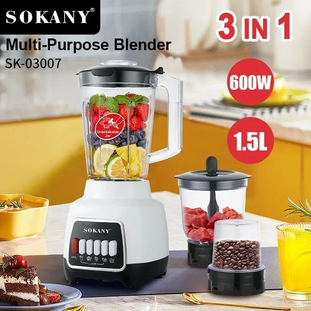 MAQUINA LICUADORA MULTIUSOS DE 4 VELOCIDADES, 600W FUERZA, CAPACIDAD 1500ML, ALTA JUGOSIDAD SK-03008 SOKANY