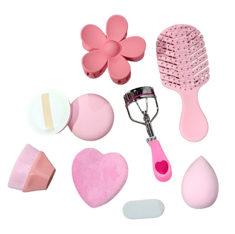 SET DE MAQUILLAJE DE 9 PIEZAS ENCRESPADOR PESTAÑAS, ESPONJAS, LIMA, BROCHA