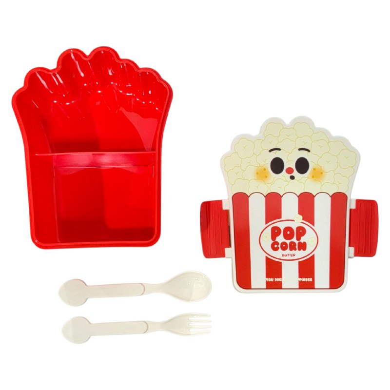 LONCHERA CON DISEÑO DE PAPAS FRITAS Y PALOMITAS CON SEPARADOR Y CUBIERTOS