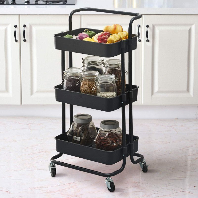 ESTANTE DE ALMACENAMIENTO RODANTE DE 3 NIVELES DE PLASTICO COLOR NEGRO 44x34x17CM