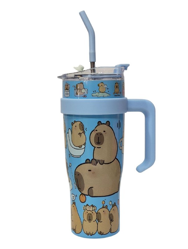 VASO TERMO DE ACERO INOXIDABLE CON ASA DISEÑO DE CAPIBARA,CAPYBARA CON SORBETE Y MUCHO ESTILO 1200ML
