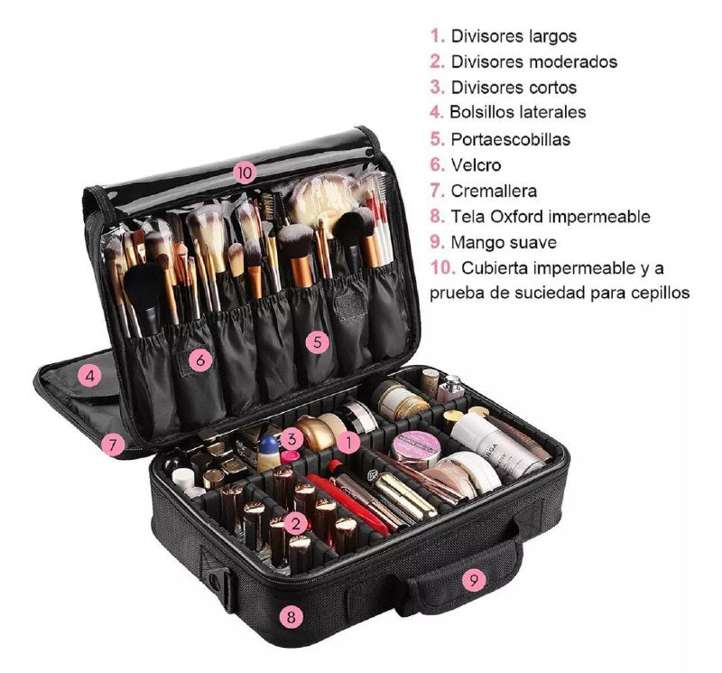 ORGANIZADOR ESTUCHE DE ALMACENAMIENTO DE MAQUILLAJE PORTATIL CON SEPARADORES AJUSTABLES NEGRO 34.5x23.5x12CM