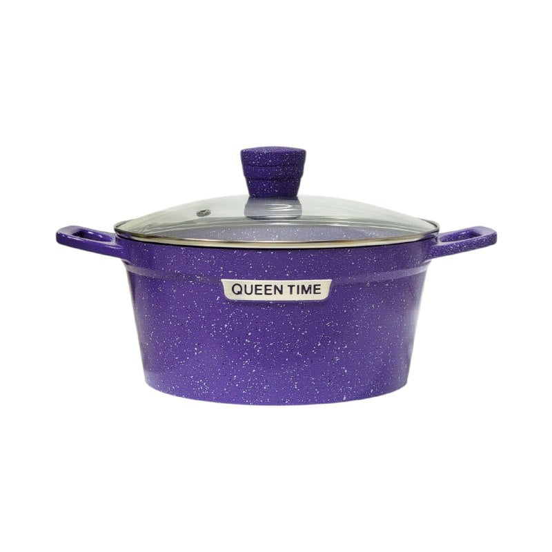 JUEGO DE COCINA, OLLAS DE COCINA DE 5 PIEZAS, CON ACABADO MORADO CON EFECTO GRANITO ELEGANTE Y TAPAS DE VIDRIO TEMPLADO QUEEN TIME