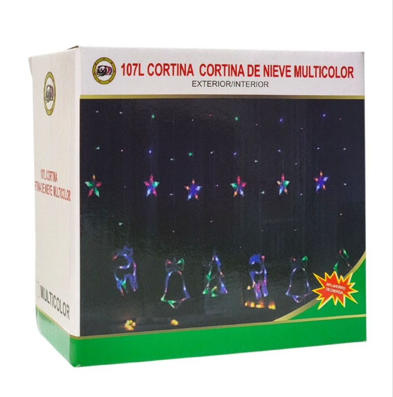 LUCES DECORATIVAS NAVIDEÑAS CORTINA DE LUZ LED MULTICOLOR DE 107 LUCES DE DISEÑOS ESTRELLA, RENO, ARBOL Y CAMPANA IDEAL PARA EL HOGAR PATIO O HABITACION 18.5X11X18.5CM
