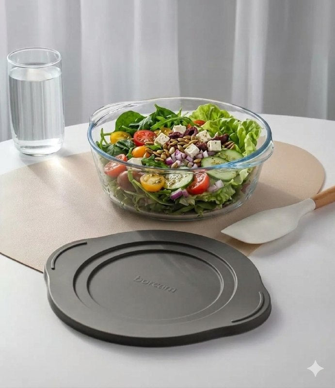 RECIPIENTE REDONDO DE VIDRIO CON TAPA PARA HORNEAR Y ALMACENAR DE ALTA RESISTENCIA 23CM BORCAM