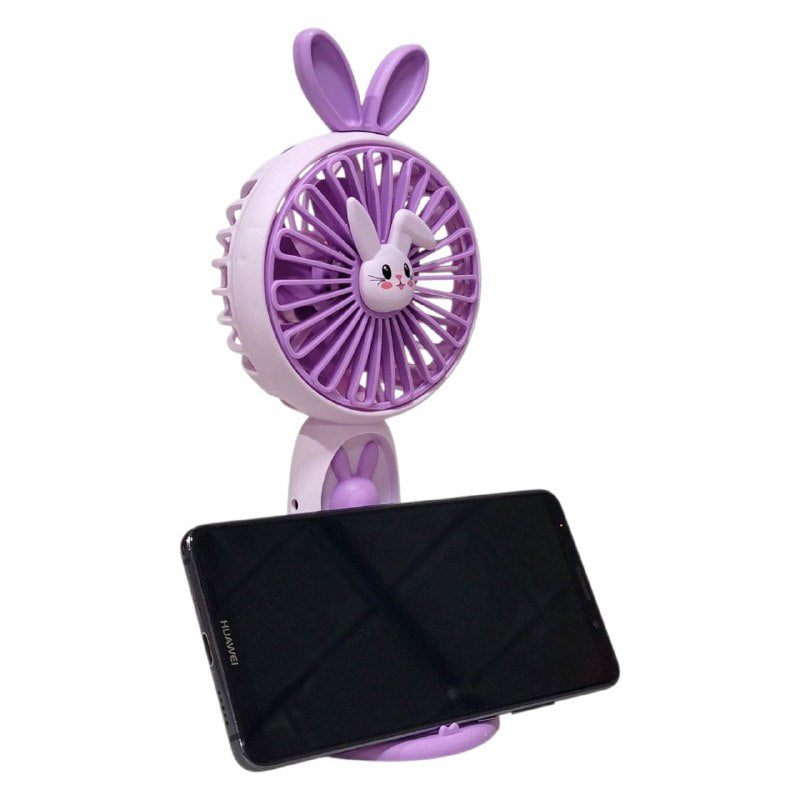 VENTILADOR DE MANO O MESA RECARGABLE CON LUZ LED Y SOPORTE PARA CELULAR CARTOON FAN 3 COLORES