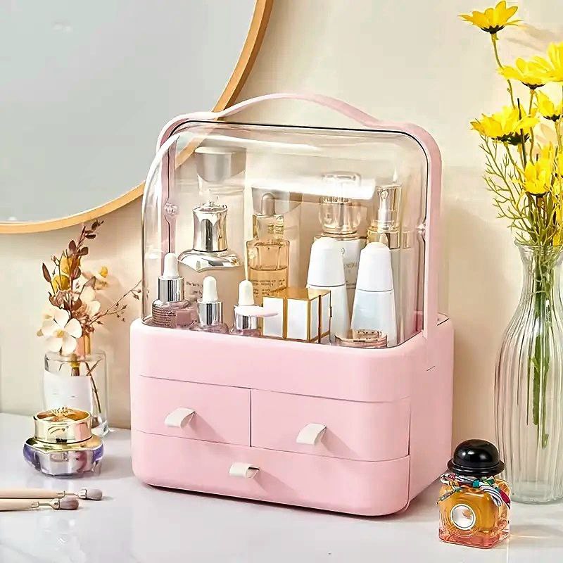 ORGANIZADOR ESTANTE DE COSMETICOS, MAQUILLAJE CAJA DE ALMACENAMIENTO CON CUBIERTA LIBRE DE POLVO, MANGO, PORTATIL, TAPA IMPERMEABLE COLOR ROSADO