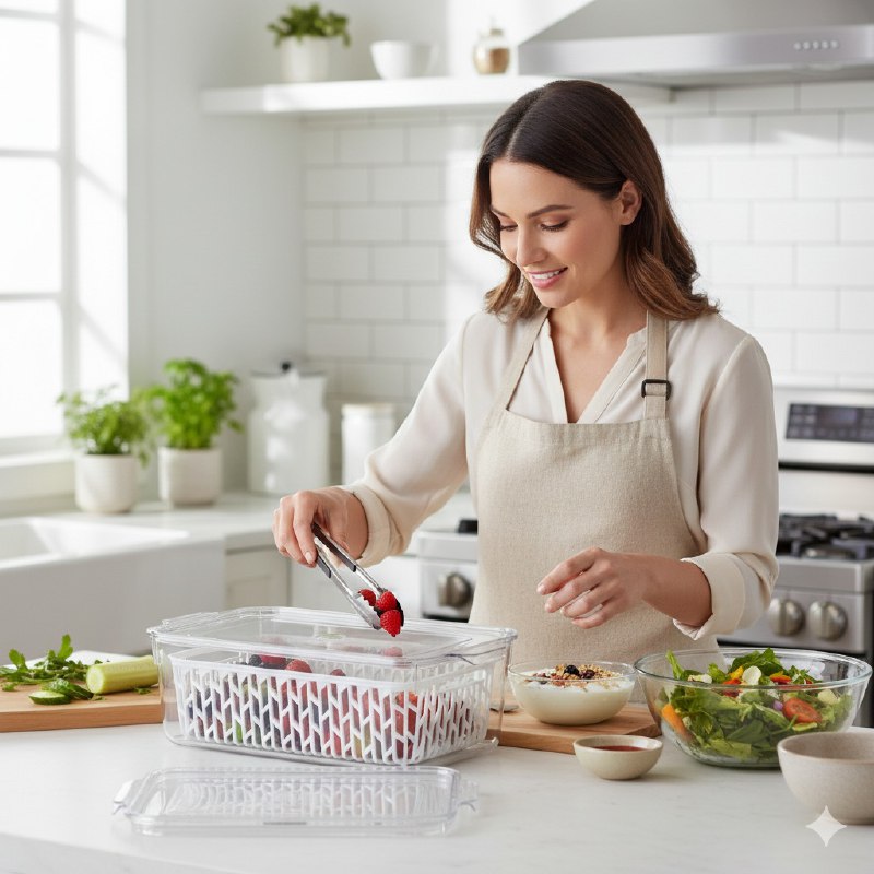 ORGANIZADOR RECIPIENTE ALMACENADOR ACRILICO DE ALIMENTOS QUE MANTIENE FRESCAS LAS FRUTAS Y VERDURAS 3200ML DRAIN CRISPER 10X16X31CM
