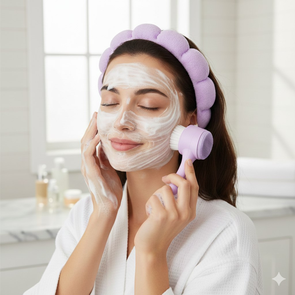 SET DE CUIDADO FACIAL DE 2 PIEZAS, VINCHA Y CEPILLO FACIAL DUAL DE 13CM