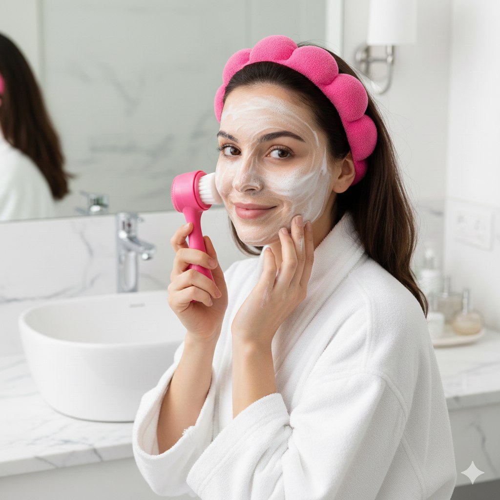 SET DE CUIDADO FACIAL DE 2 PIEZAS, VINCHA Y CEPILLO FACIAL DUAL DE 13CM