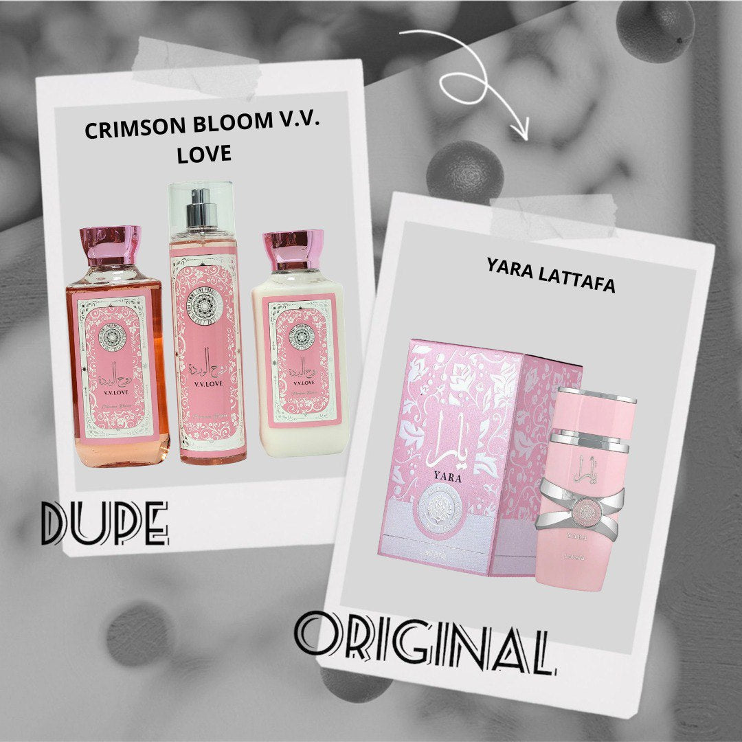 SET DE SPLASH, GEL DE DUCHA Y CREMA CORPORAL ARABE CRIMSON BLOOM V.V. LOVE (DUPE DE YARA LATTAFA)