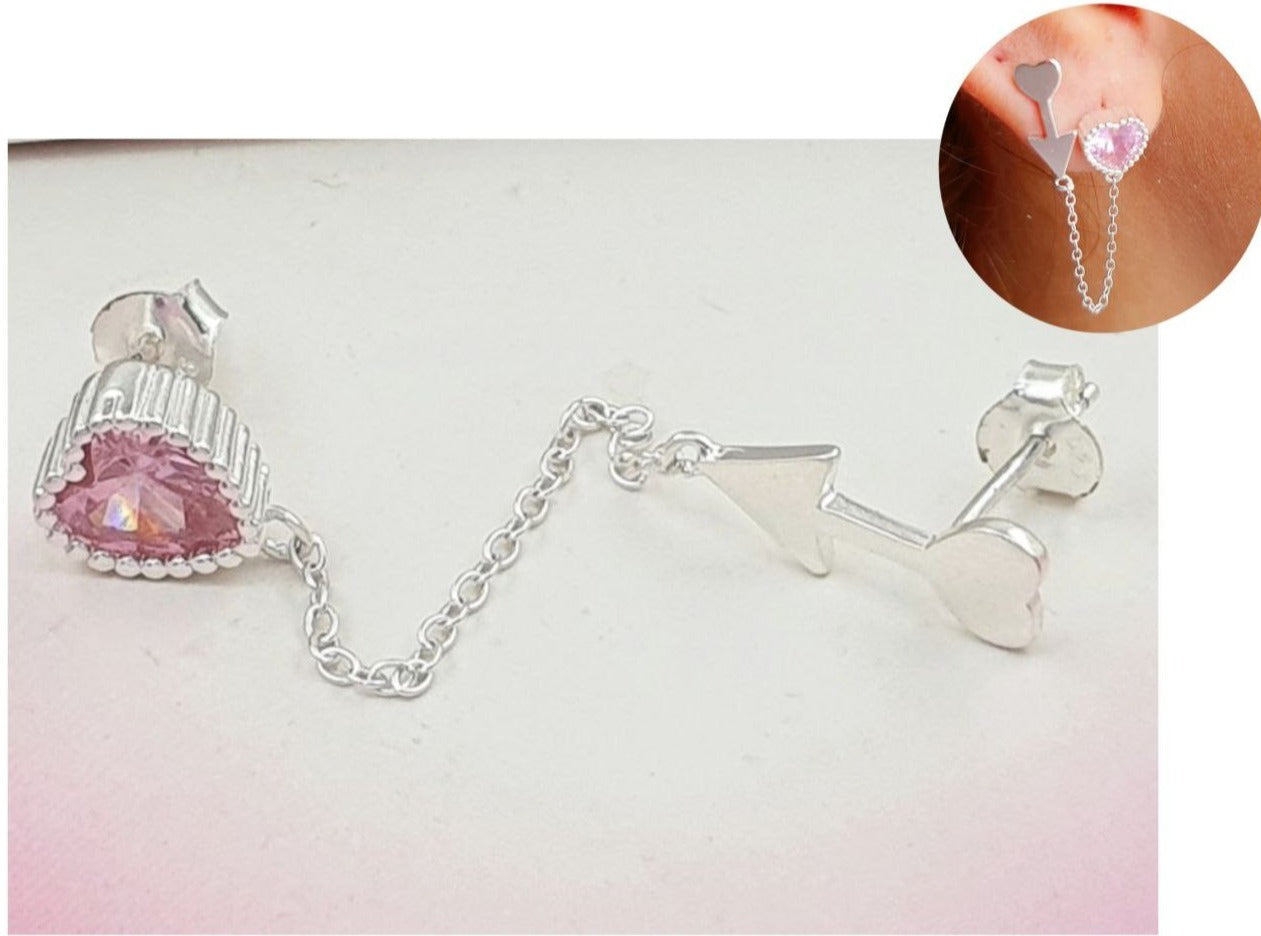 PIERCING DE PLATA 9.25 TREPADOR DOBLE DE CORAZON ROSA Y FLECHA